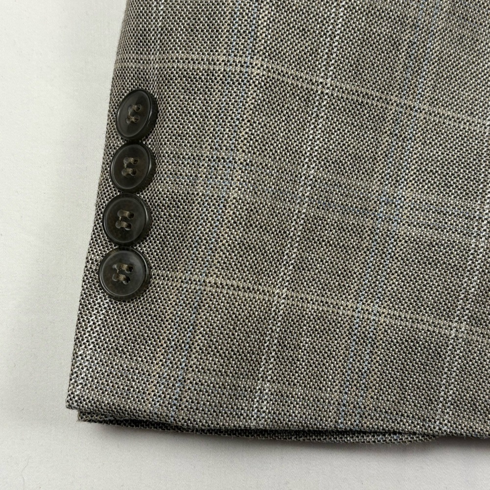 Calvin Klein Birdseye Silk/Wool Blend Sport Coat 48R Gray Tan Windowpane Plaid - Picture 2 of 15
